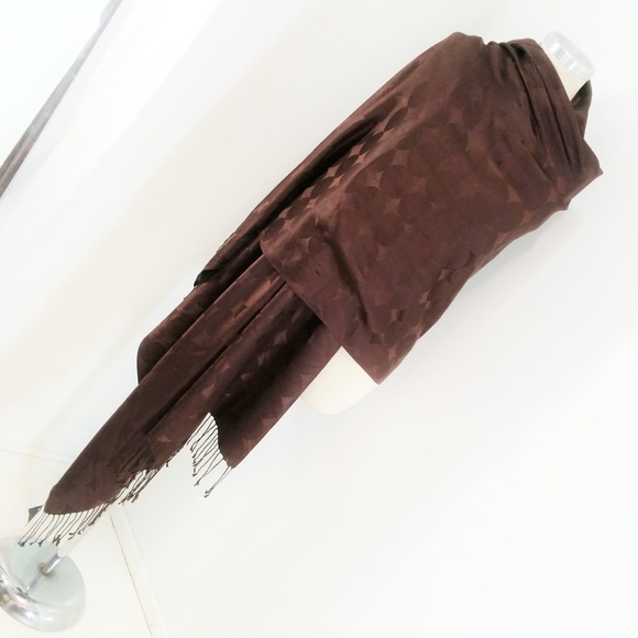 Giant Silk Scarf Fringe Brown Polka Dot Jacquard - Picture 2 of 8